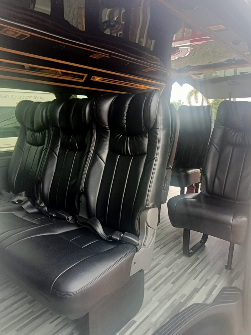 Black leather seats inside the Toyota HiAce